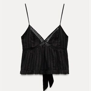 Zara Black Lace Trim Tied Embroidered Top